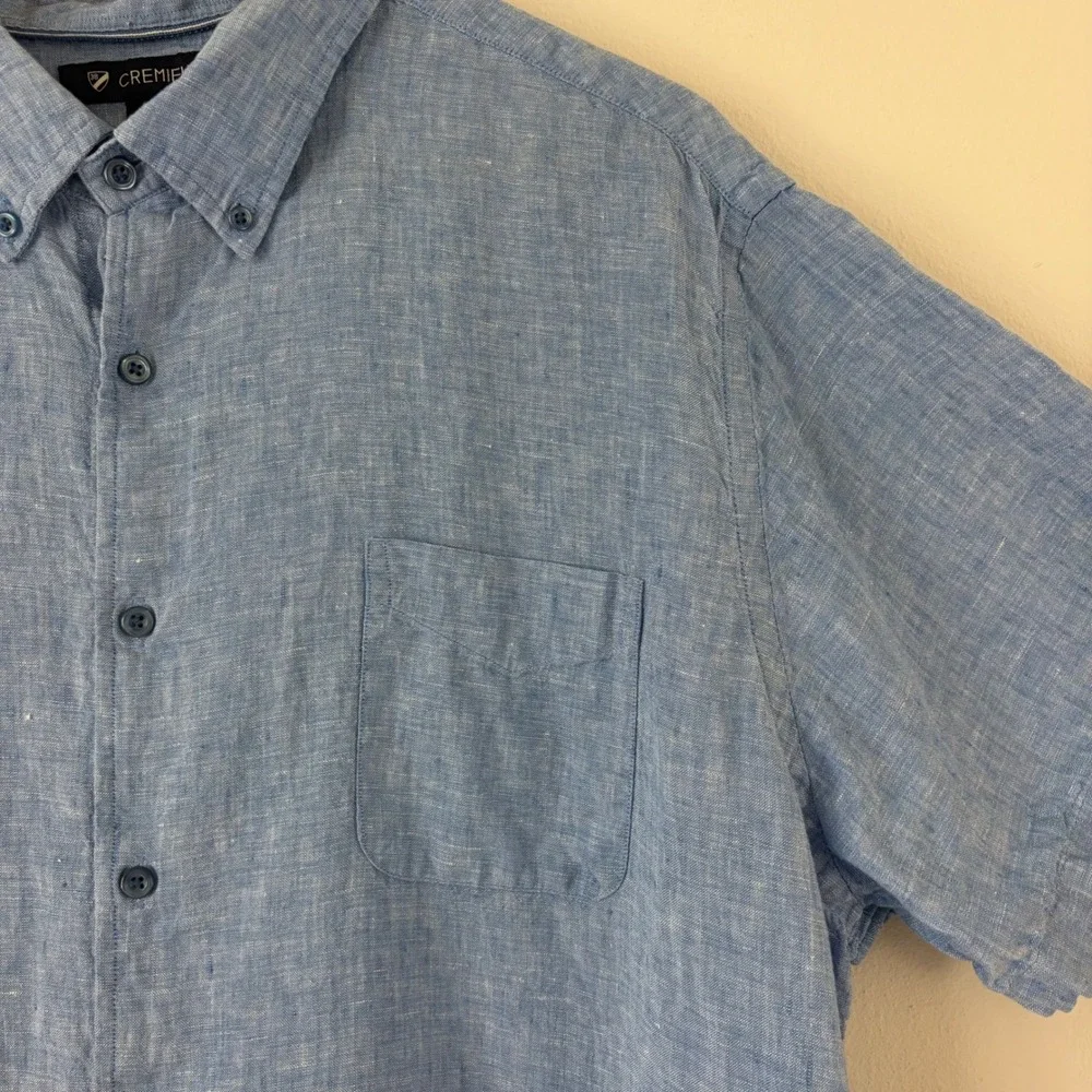 Cremieux Mens XXL Blue Linen Short Sleeve Button Down‎ Shirt Lightweight